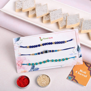 Order Kaju Katli With Blue Beads Rakhis in Australia