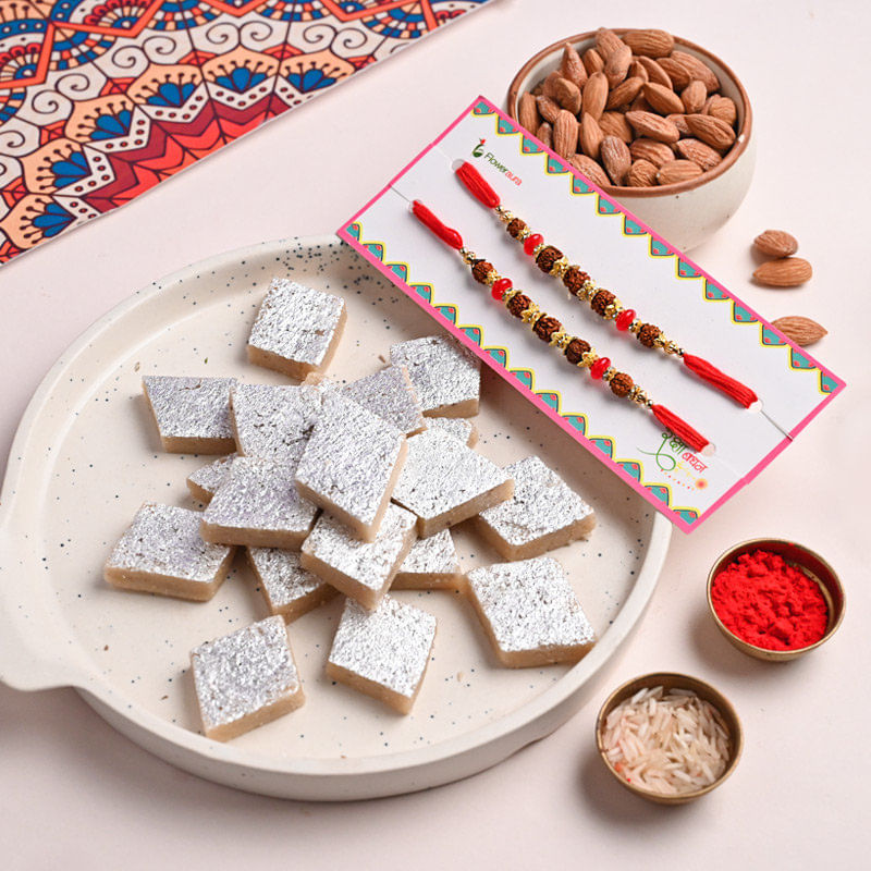 Set of 2 Rudraksh Rakhi with Kaju Katli With Nuts