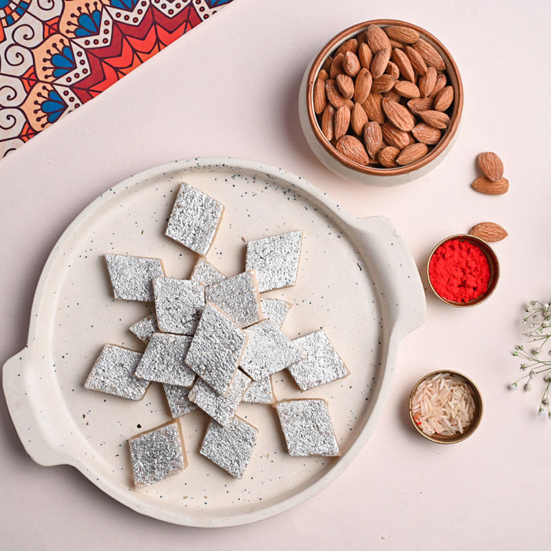 Order Kaju Katli With Nuts N Rudraksh Rakhi for USA