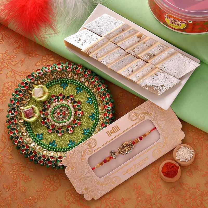 Kaju Katli With Traditional Thali N Ganesha Rakhi