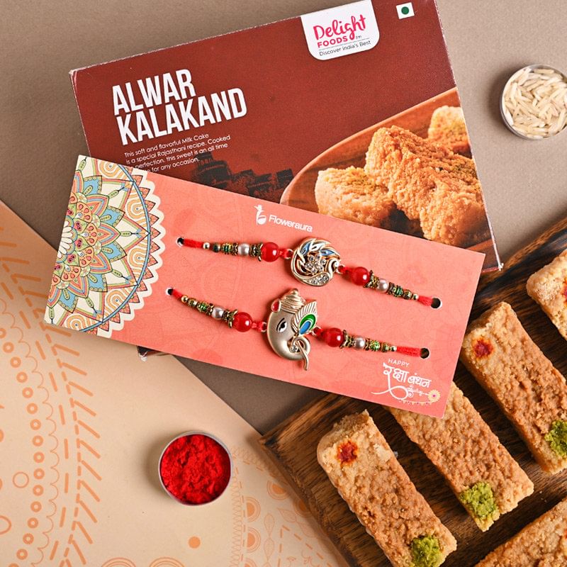 Buy Set of 2 rakhi online for Brother - Kalakand With Mor Ganesha Rakhis