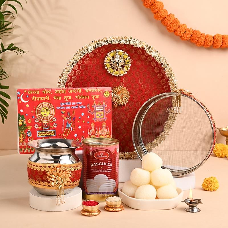 Karwa Chauth Pooja Thali N Sweet Delight Hamper