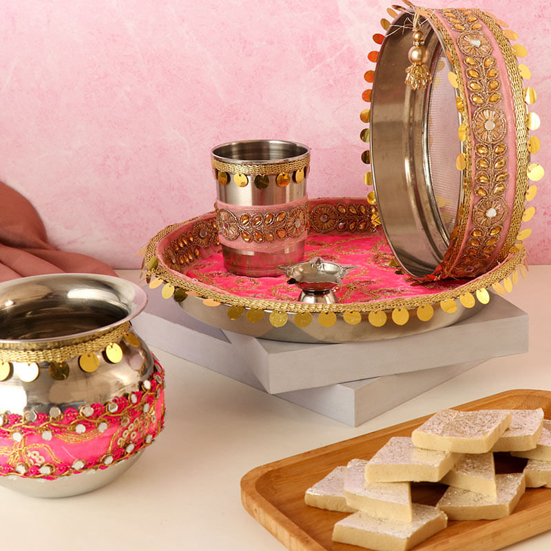 Send Karwa Chauth Thali Set With Kaju Katli Online