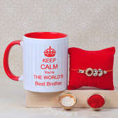 Keep Calm Rakhi Combo For Bro - One Diamond Rakhi with Roli and Chawal and One printed white & red ceramic mug