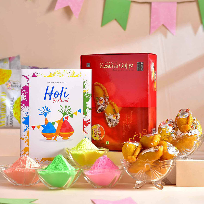 Kesar Gujiya With Gulal N Greeting Card