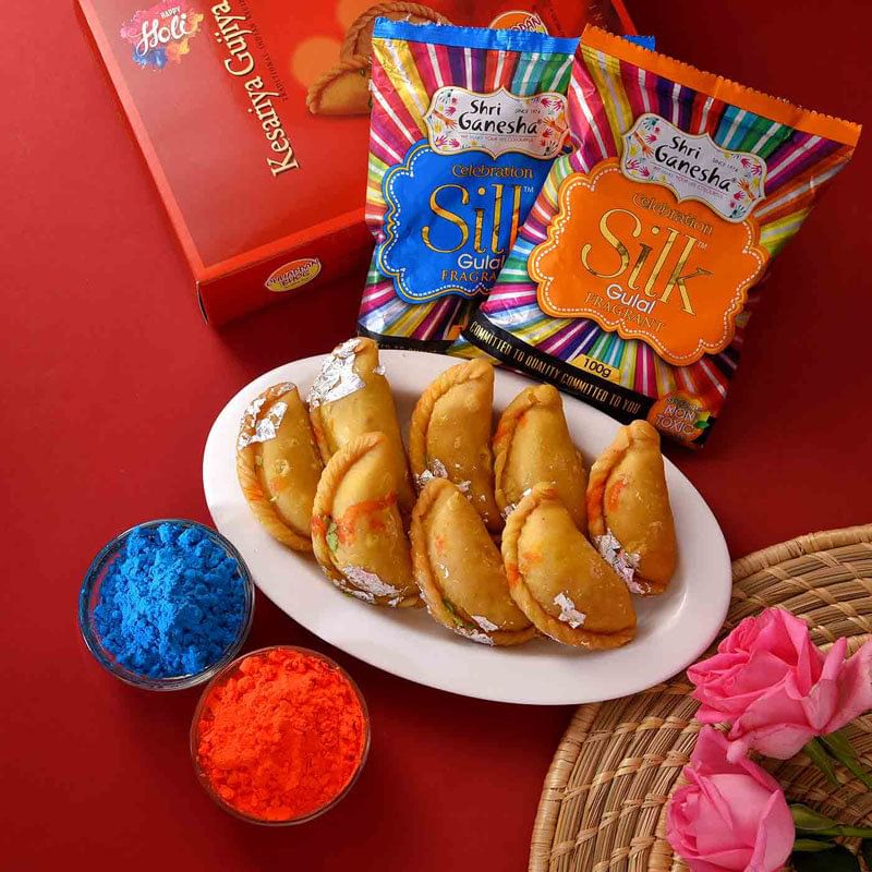 Kesariya Gujiyas With Two Packet Silk Gulaals Hamper Gift for Holi