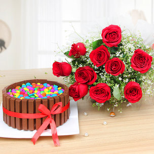 KitKat Gems Extravaganza - Combo of half kg Kitkat gems cake with 10 red roses bunch