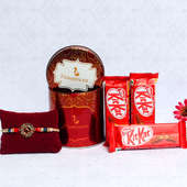Kitkat N Peacock Rakhi Combo - One Peacock Rakhi with Complimentary Roli and Chawal and Red Floweraura Container and 3 Kitkats - 18gm each