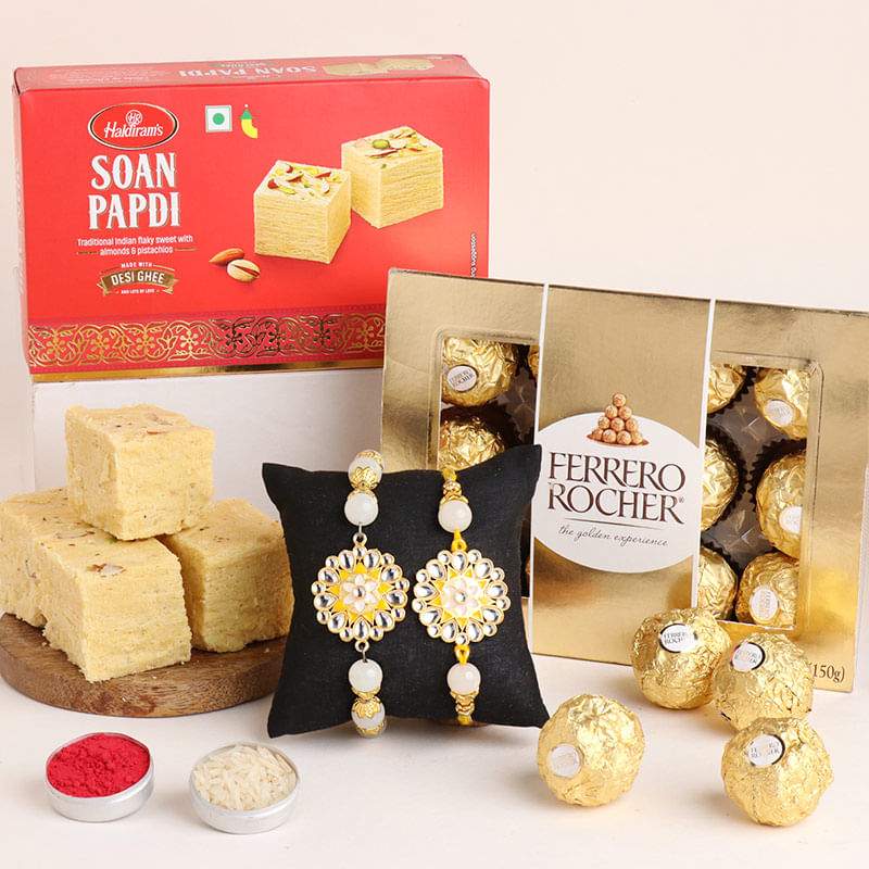 Kundan Couple Rakhi With Ferrero Rocher N Soan Papdi-Canada