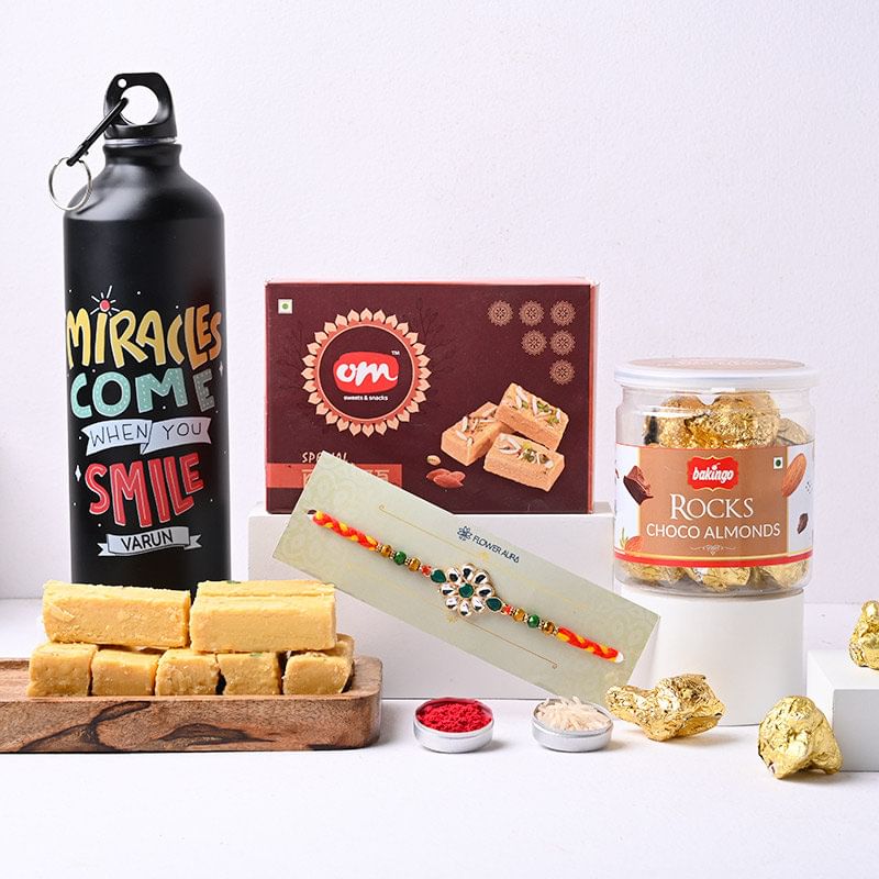 Kundan Mauli Rakhi Combo With Dry Fruits, Sweets N Sipper