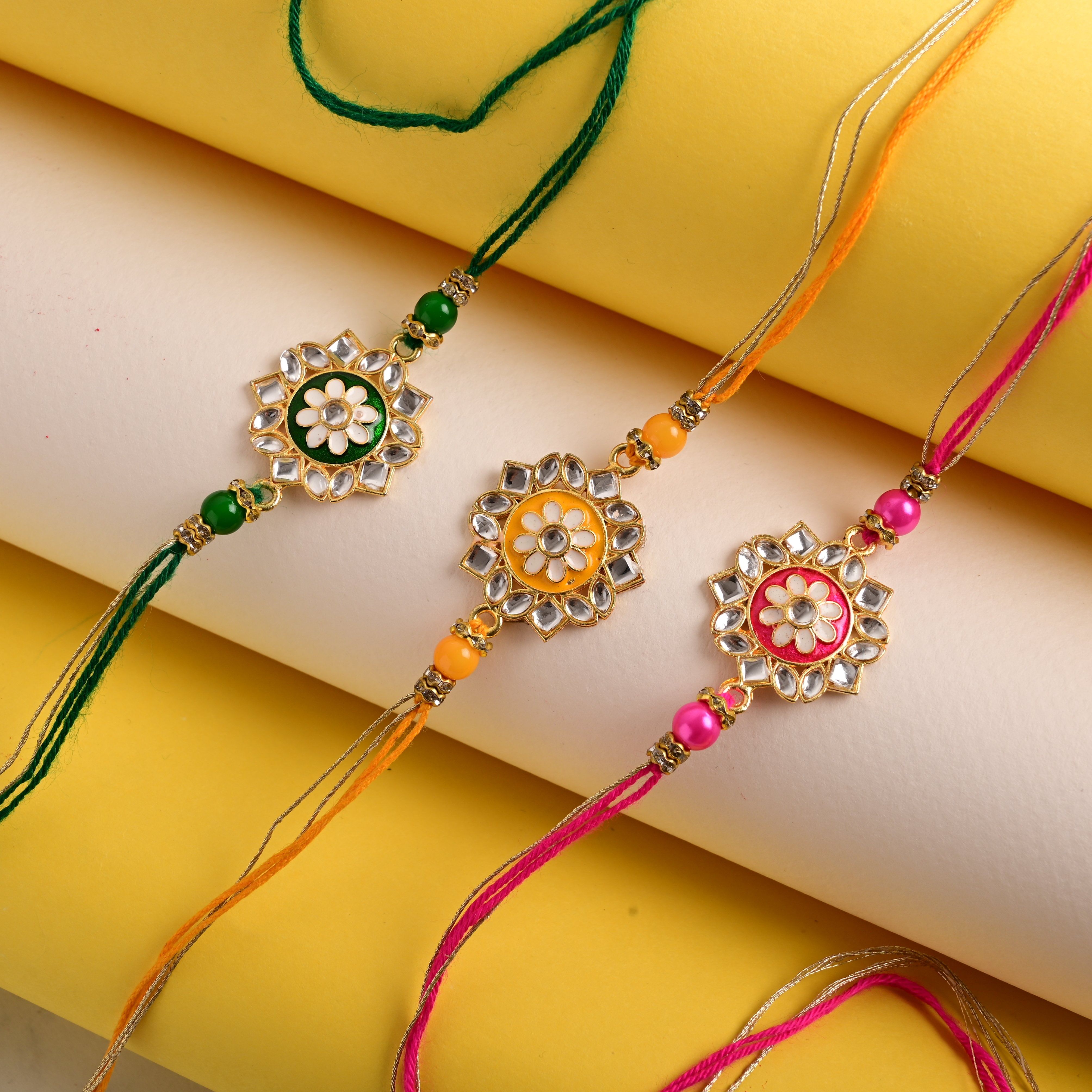 Send Kundan Rakhi Trio With Choco N Cookies - Set of 3 rakhi for Brother