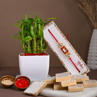 Buy Kundan Rakhi With Bamboo N Kaju Katli Online