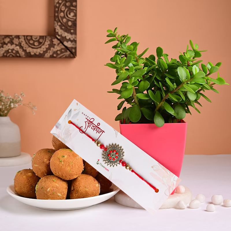 Send Kundan Rakhi With Jade N Besan Laddoo Online