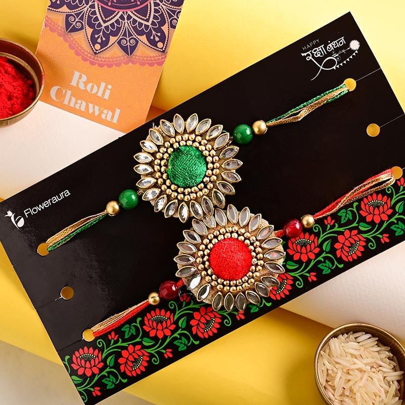 Order Set of 2 rakhi Online For Brother - Kundan Velvet Rakhi Duo