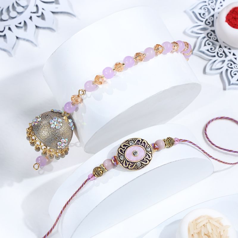 Lavender Beads Bhai Bhabhi Rakhi Set