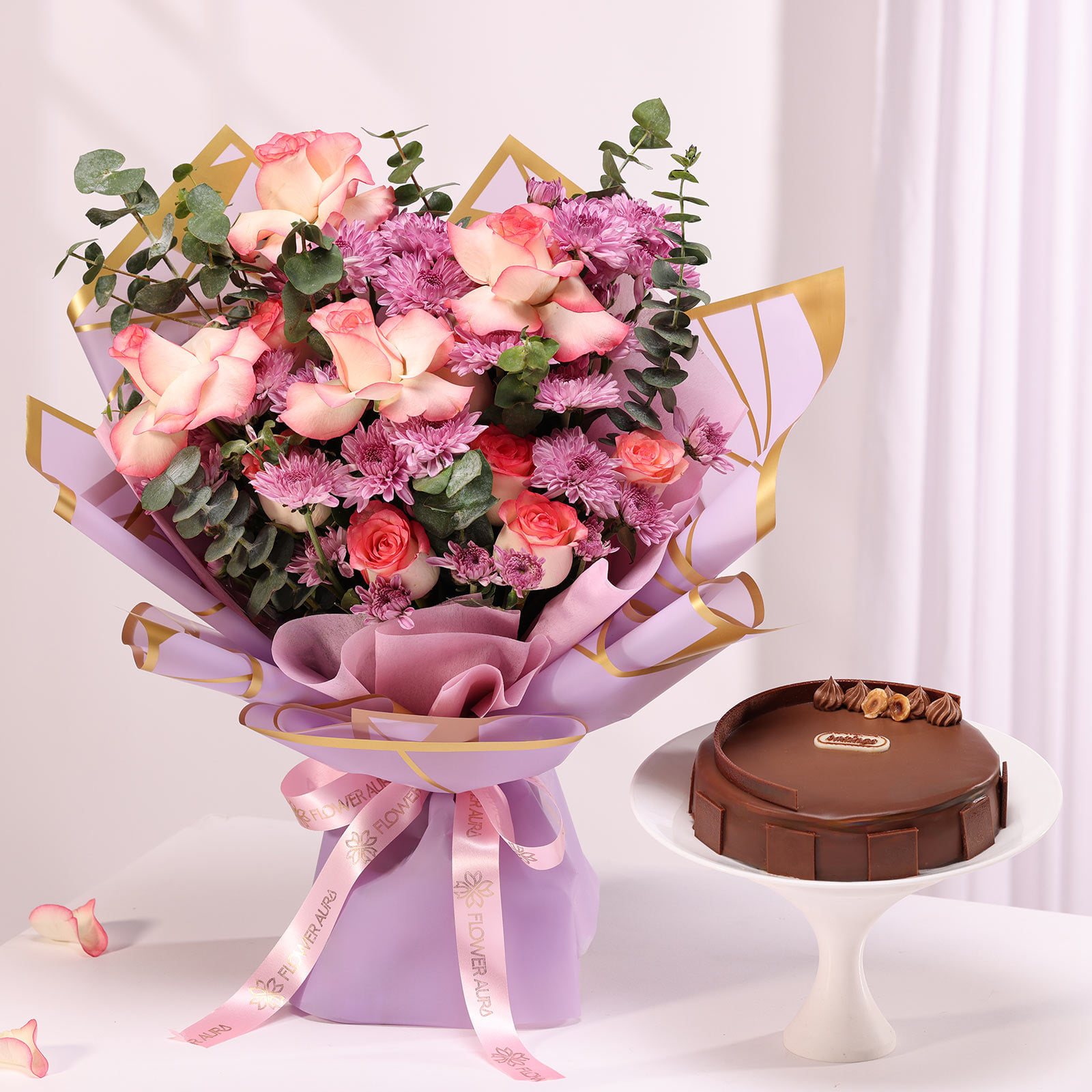 Lavender Luxe Bouquet With Hazelnut Praline Cake
