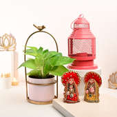 Laxmi Ganesha Idols With Golden Money Plant N Lantern