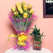 Layering Bamboo Combo - Good Luck Plant Indoors in Square Glass Vase with Bunch of 10 Yellow Roses