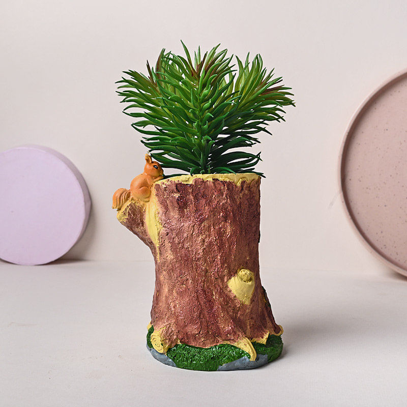 Lifelike Asparagus Marry in Engraved Tree Trunk Planter