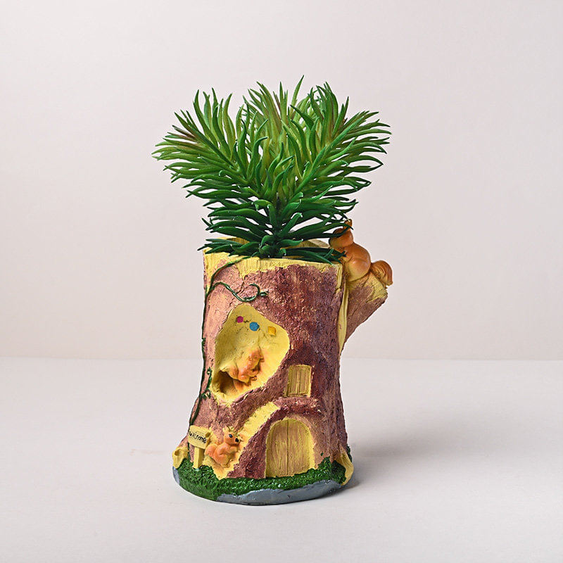 Lifelike Asparagus Marry in Engraved Tree Trunk Planter