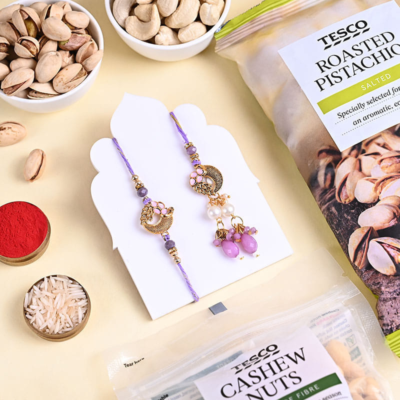 Lilac Charm Bhai Bhabhi Rakhi Set With Dry Fruits