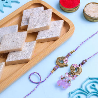 Lilac Peacock Bhai Bhabhi Rakhi Set N Kaju Katli