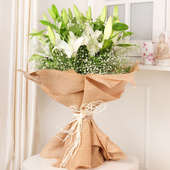 Lilies Bunch Bouquet - Bouquet of 7 White Lilies in Jute Packing