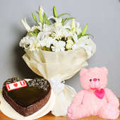 Lilly Bouquet With Heart Shaped Cake N Teddy - Bunch of 13 Mixed Flowers with 500gm Heart Shaped Chocolate Cake and Pink Teddy