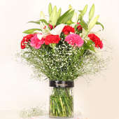 Lily Carnation Mix - Arrangement of 3 White Lilies and 10 Red and Pink Carnations with Glass Vase