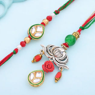 Lotus Charm Kundan Bhai Bhabhi Rakhi Set