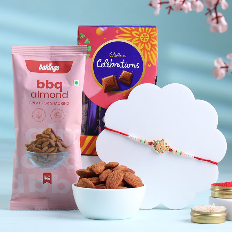Lotus Charm Rakhi With BBQ Almonds N Choco Box