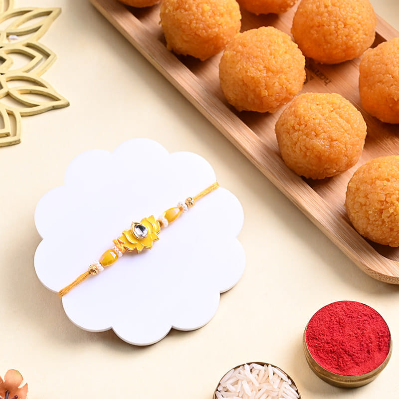 Lotus Motif Rakhi With Motichoor Ladoos