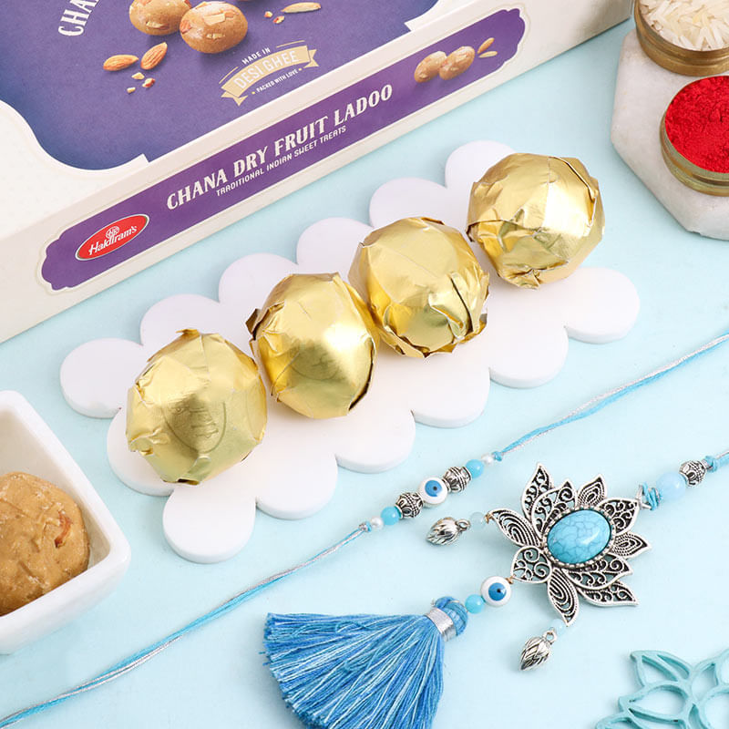 Lotus Motifs Bhai Bhabhi Rakhi With Sweets