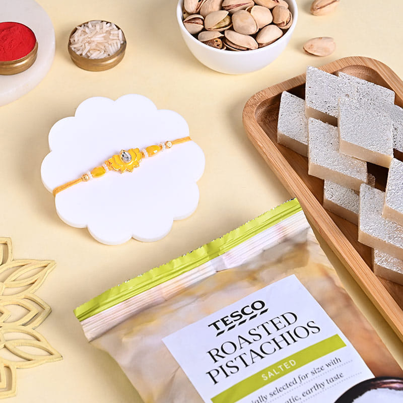 Lotus Rakhi With Kaju Katli N Pistachios