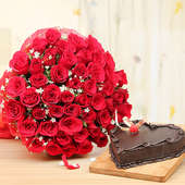 Love Abundance - Combo of 50 red roses bouquet and heart shaped chocolate cake