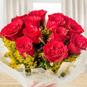Zoomed view of bunch of 12 red Roses - A gift of Love And Luck Hamper