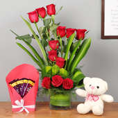 Roses Bouquet in Glass Vase with Teddy and Chocolates