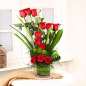 12 Roses Bouquet in Squarical Glass Vase