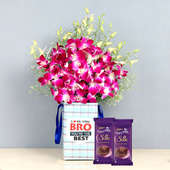 Love Bro Orchids N Chocolate Combo - Bunch of 6 Purple Orchids with Brother Flower Box and 2 Dairy Milk Silk