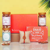 Love Bro Signature Box - One Designer Rakhi with Roli and Chawal and Roasted Cashews and Roasted Almonds and Mixed Dry Fruits and One Floweraura Signature Box
