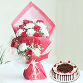 Love Delicacy Combo - Bouquet of 10 Red Roses and 10 White Carnations with 500gm Balck Forest Cake