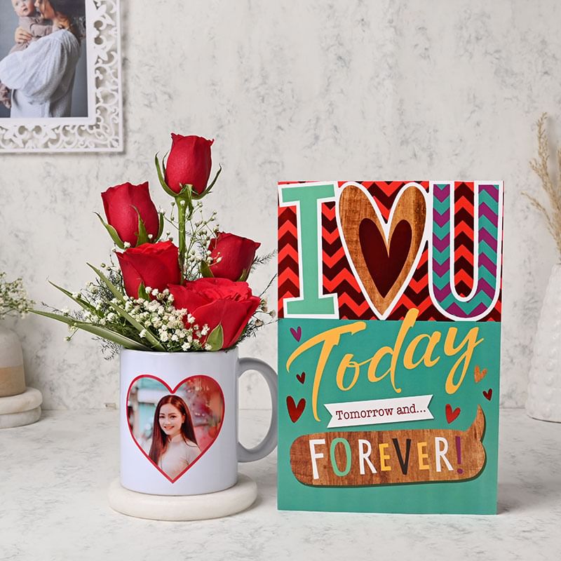 Love Forever Combo - One Personalised White Ceramic Mug with 5 Red Roses and One Greeting Card