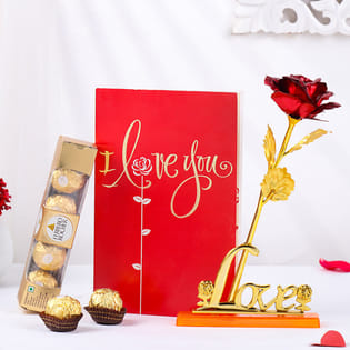 Love Greeting Card With Chocolates N Golden Rose