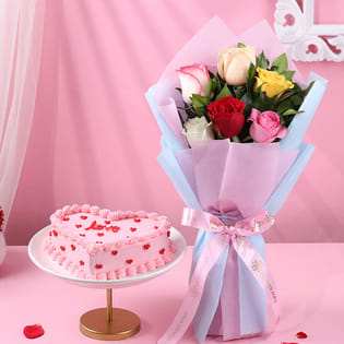 Love Heart Choco Cake N Mix Roses Bouquet