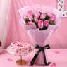 Love Heart Choco Cake N Pink Roses Bouquet