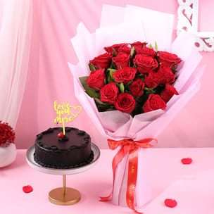 Love More Truffle Cake N Red Roses Bouquet