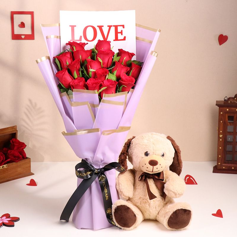 Love N Cuddles Rosy Duo: 15 Red Roses with 12 Inch Dog Teddy