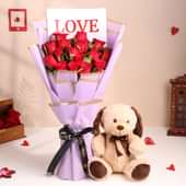 Love N Cuddles Rosy Duo: 15 Red Roses with 12 Inch Dog Teddy