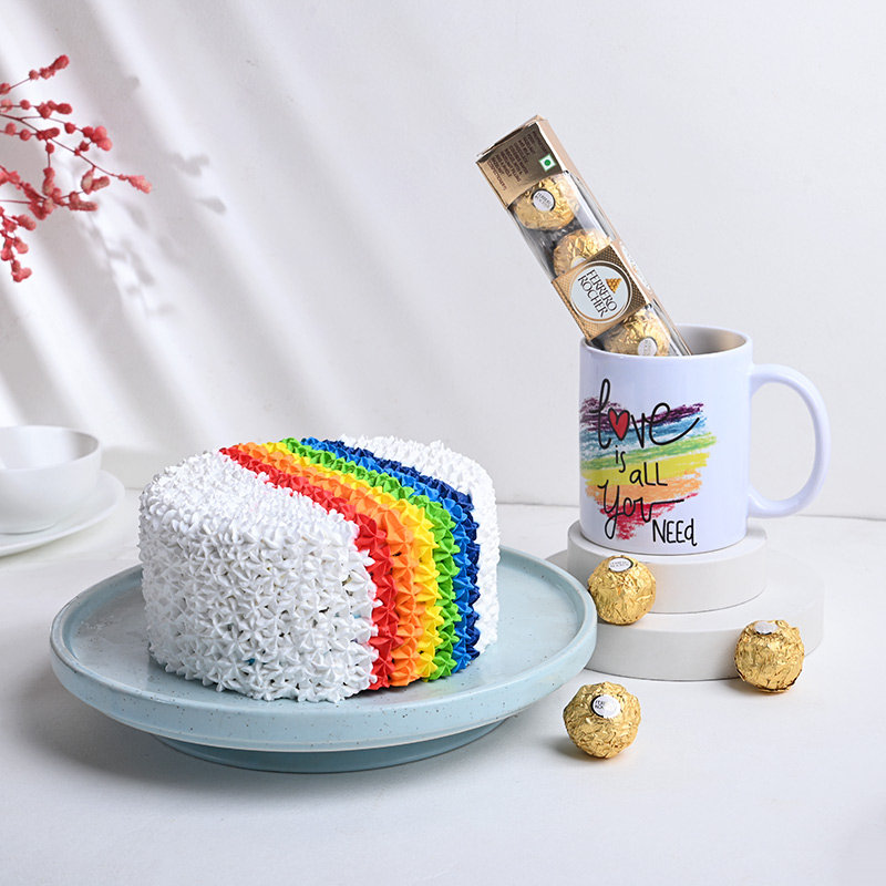 Love Rainbow Vanilla Cake with Mug N Rocher