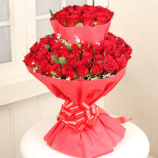 Two Layer Bunch of Fifty Red Roses